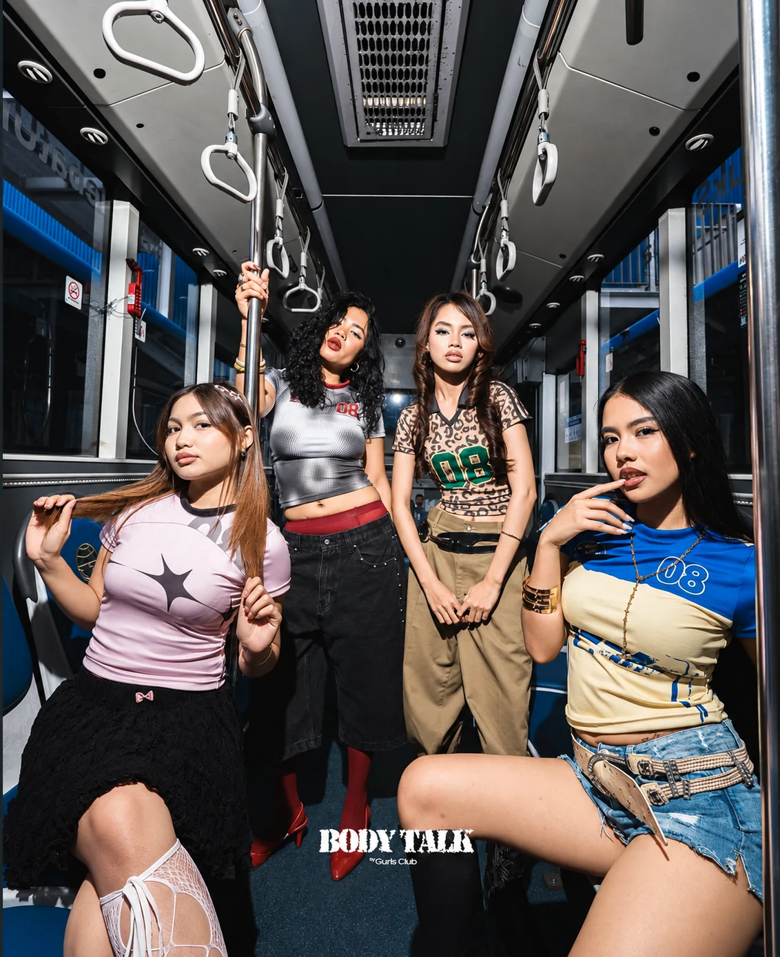 Four models in the Body Talk fashion editorial on a train