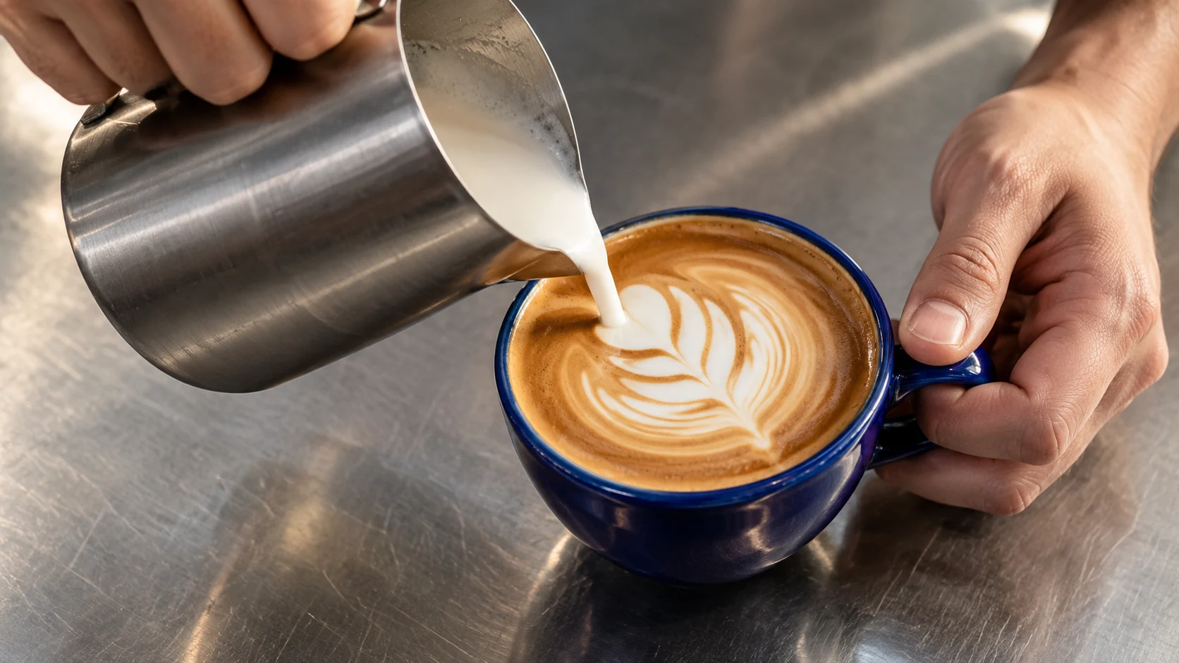 Editorial concept of a barista pouring milk into coffee