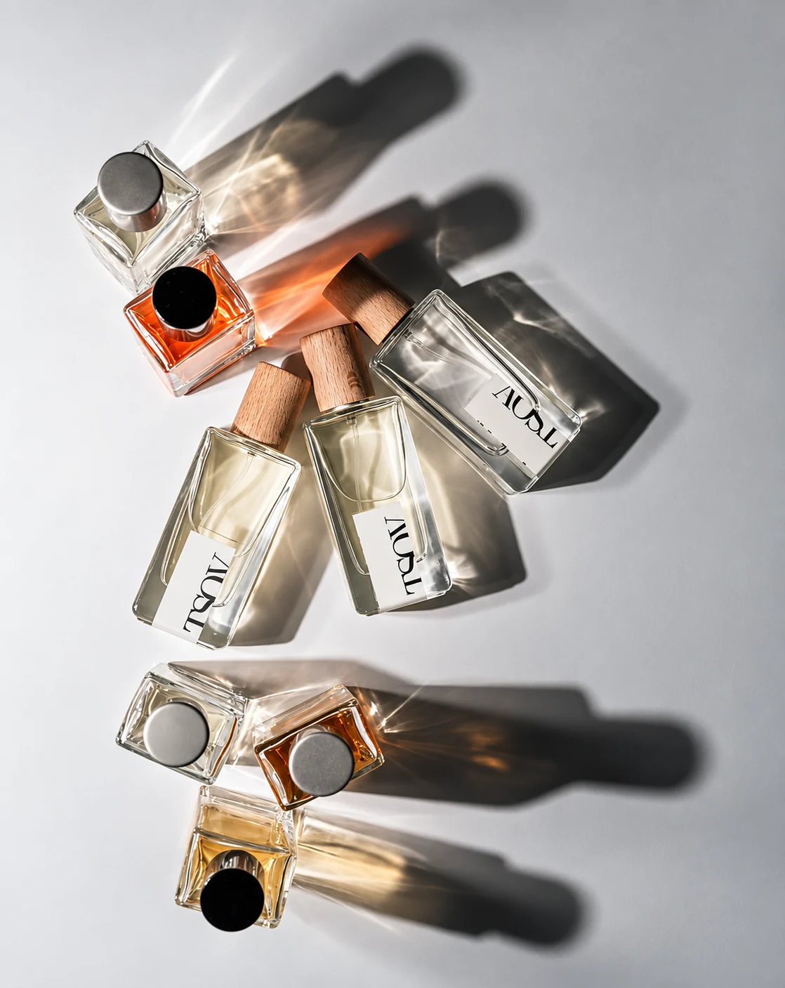 A flat lay of fragrances in direct sunlight