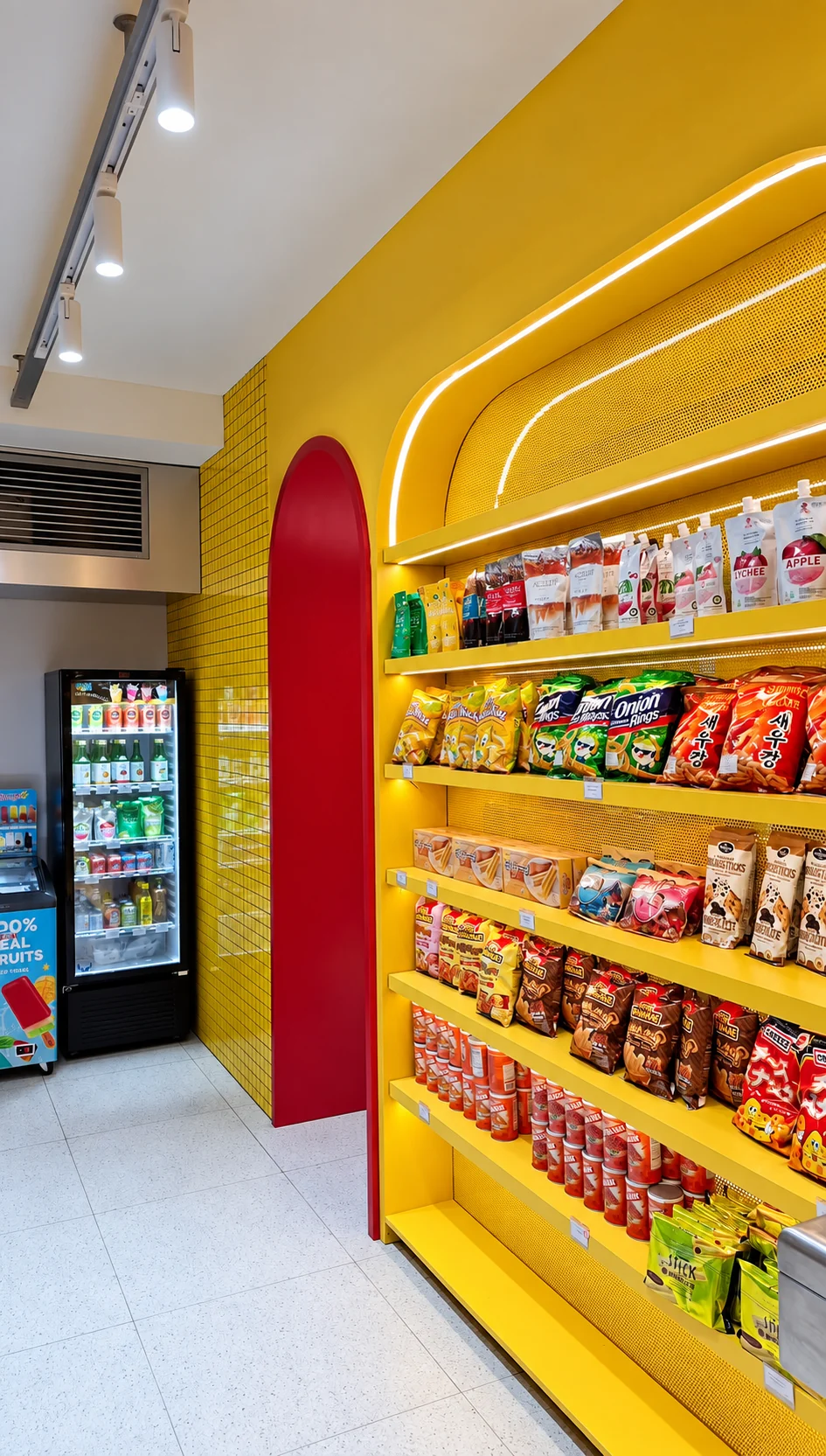 Yellow snack shelves inside Bandung HQ