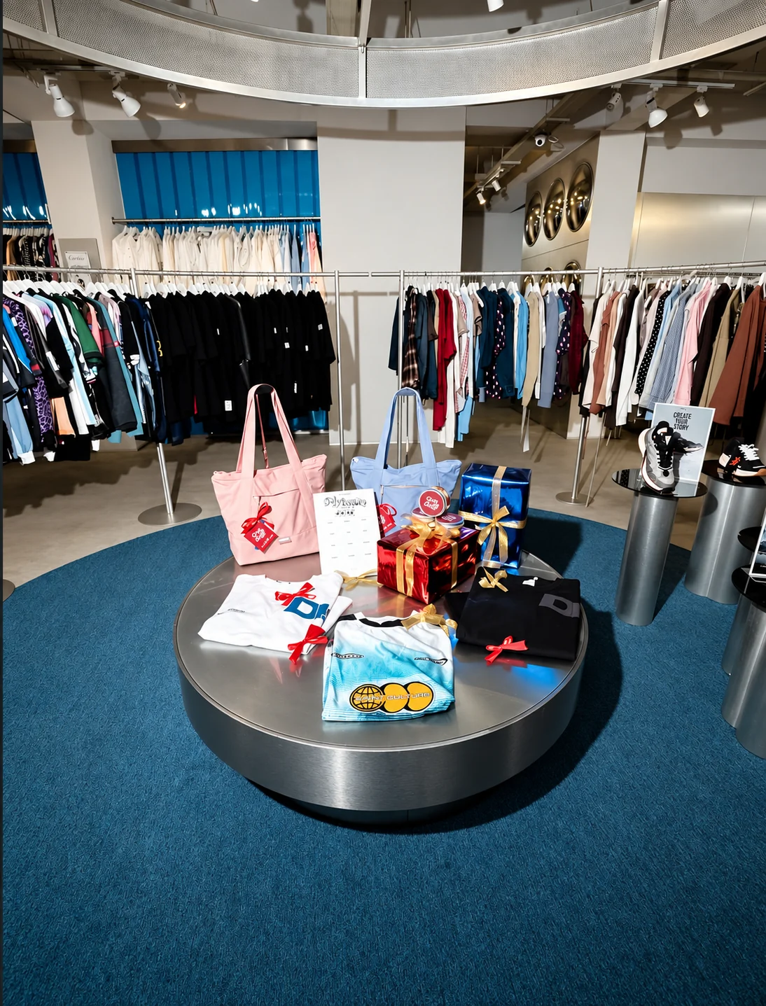 Clothing, accessories and displays on the store floor